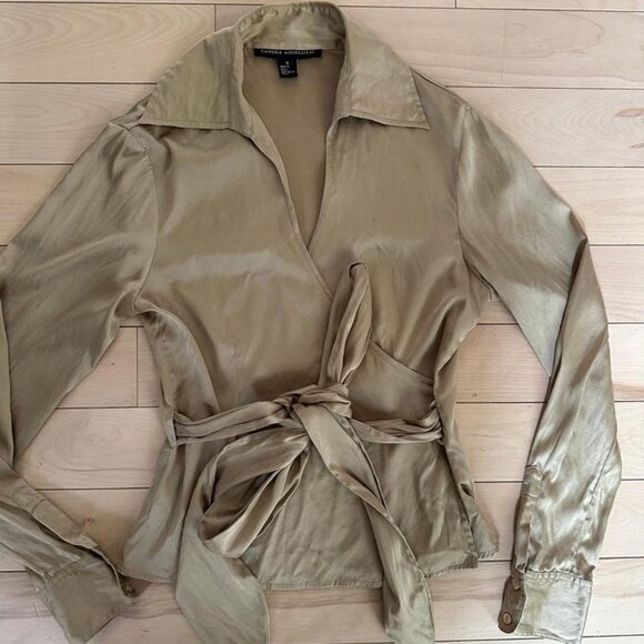 Sandra Angelozzi 95% Silk Wrap Blouse – Golden Beige Party Top Size S - Picture 4 of 8